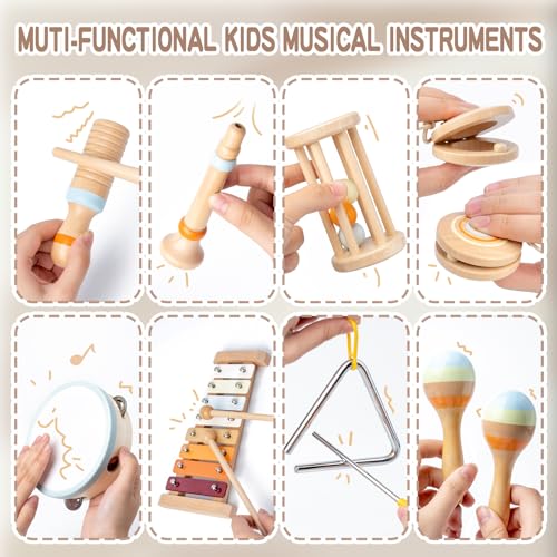 Baby Musical Instruments, Montessori Wooden Toys for Toddlers 1-3, Neutral Colors Percussion Instruments, Modern Boho Xylophone for Kids, Preschool Educational Baby Musical Toys - Image 3