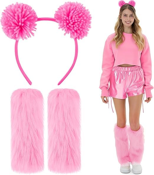 PEZPEOR 2 PCS Pink Bear Costume Accessory Set with Pompom Headband Fluffy Leg Warmers Bobble Hair Bow and Furry Boot Adult Women