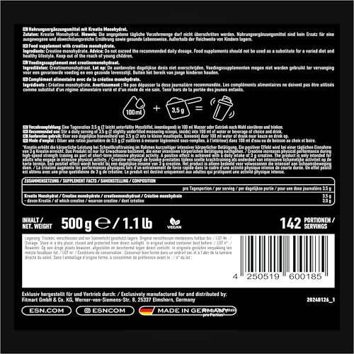 ESN Ultrapure Creatine Monohydrate, 2 x 500 g, 284 Portionen, Kreatin Pulver, mikrofein & optimal löslich, vegan - made in Germany 4