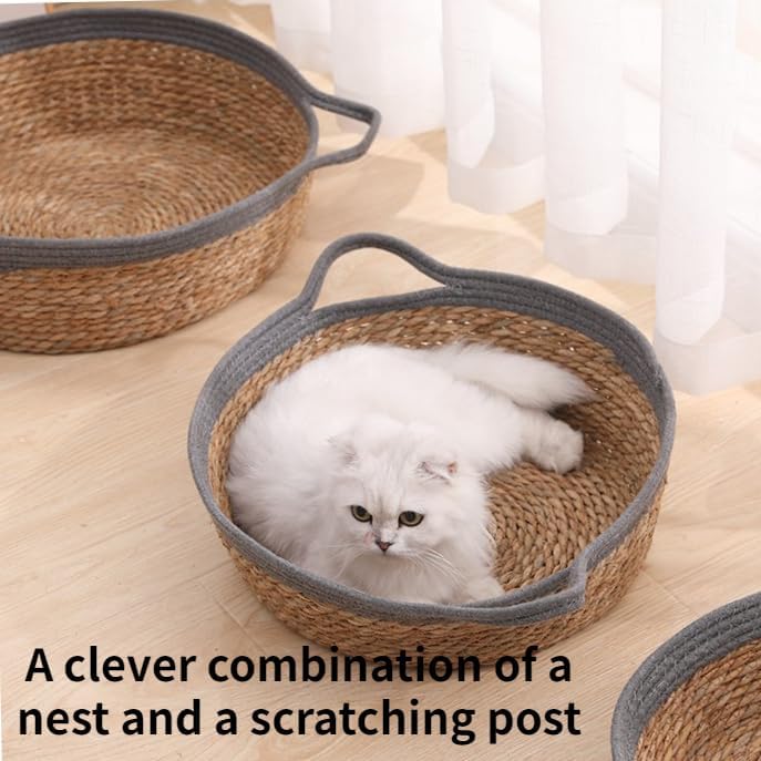 review Cat Basket Bed - Large Round Rattan Woven Beds for Indoor Cats and Small Dogs Bucket Nest for Your Pet to Cuddle, Cute Circle Baskets for Kitty (Yellow-Only Nest,Medium)