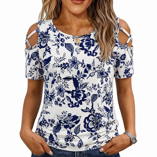 Image of Jar of Love Women's Summer Tops Short Sleeve Cold Shoulder Tops T-Shirts for Women Spring Summer Tops Loose Fit Tunic 2026