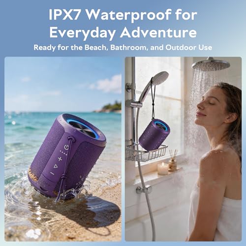 Image of Portable Bluetooth Speaker, IPX7 Waterproof Wireless Speaker with 20W Loud Stereo Sound, 15H Playtime & Beat-Synced RGB Light, Small Outdoor Speaker for Shower,Pool,Beach,Hiking,Gifts(Purple)