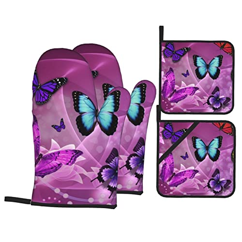 Purple Butterflies Printed Oven Mitts And Pot Holders Set Of 4 Heat Resistant Non-Slip Waterproof Oven Gloves For Grilling Bbq Cooking Baking Kitchen Microwave Pizza #TOP20