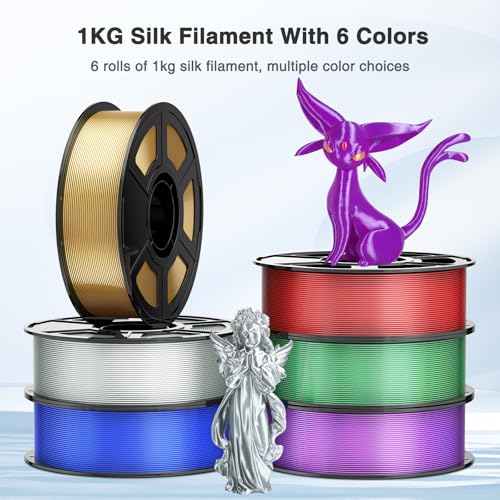 Image of 6 Colors Silk PLA Bundle 1.75mm | 6-Pack(1Kg per Spool,6Kg Total),Multicolor High-Speed Flow 3D Printer Filament Bundles(Blue,Red,Green,Purple,Gold,Silver) for Most FDM 3D Printers & 3D Pens