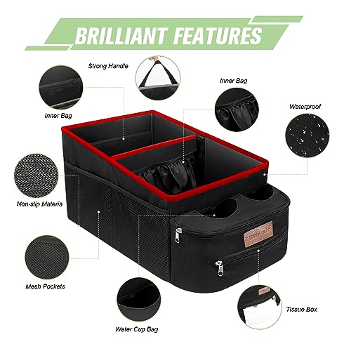 Image of FUNNy elf Car Seat Organizer - Passenger Seat Organizer, Collapsible Car Storage with Partitions & 4 Cup Holders for Front Seat or Back Seat (Red)