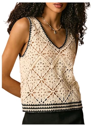 Image of MakeMeChic Women's Crochet V Neck Sweater Vest Contrast Binding Sleeveless Knitwear Top