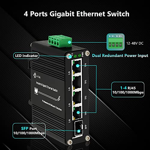 Image of Mini Industrial 4 Port 10 /100 /1000Mbps Gigabit Ethernet Switch with SFP Din Rail /Wall-Mount 10 /100 /1000BASE-T RJ45 + 1 100 /1000FX (SFP) Support 12-48V DC 10Gbps Switching Capacity
