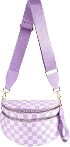 Black and White Checkered Crossbody Bum Bag for Women,Spacious Checkered Purse Fanny Packs Belt Sling Bag with Shoulder Strap (Pale Purple Checkered)