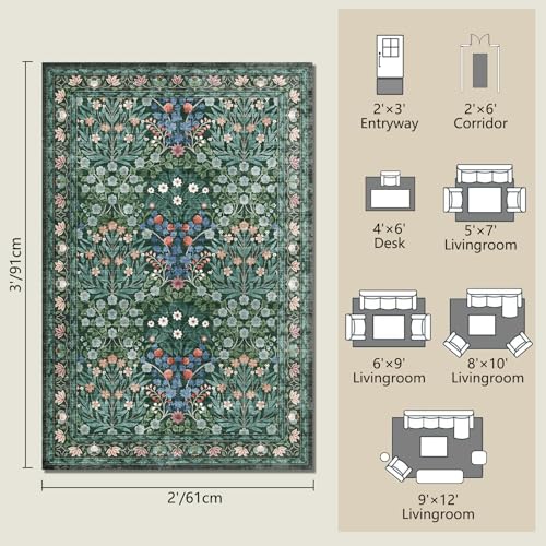 Image of Floral Non-Slip Washable Entryway Rug, 2x3 Boho Forest Design Green, Soft Indoor Door Mat for Kitchen, Bedroom & Bathroom, Ultra-Thin Easy Clean Small Throw Carpet