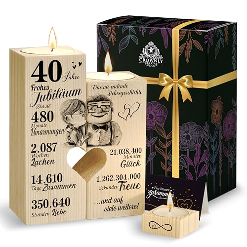 CROWNLY® Rubinhochzeit Geschenke – 40. Hochzeitstag Geschenke für Paare, Holz Teelichthalter 3er Set mit Geschenkbox, Jahrestag Geschenk für Ihn und Sie, 40 Jahre Jubiläum Kerzenhalter Deko