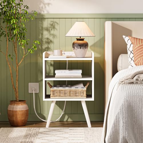 Image of Huuger Night Stand with Charger Station, White Nightstand, Bedside Table, 3 Tier End Table with Solid Wood Feet, Slanted Power Panel, Side Table with Storage for Bedroom