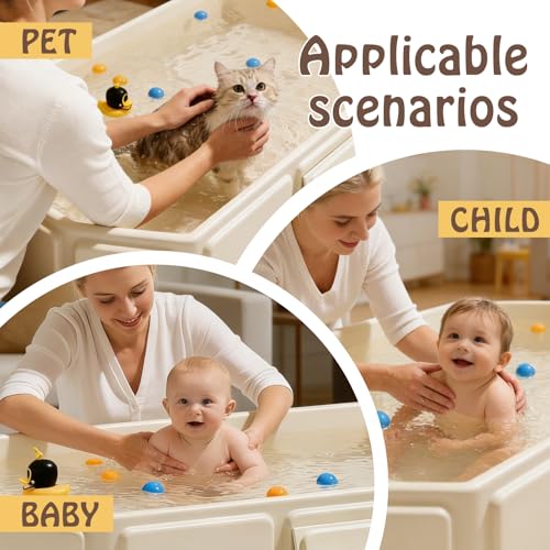 Miniatura 7 de Goedch Bañera Plegable Para Niños De 75 X 45 X 25 Cm, Beige, Portátil, Plegable, Bañera Grande Para Niños Pequeños Con Válvula De Drenaje Para 0-8 Años, Bañera Integrada Para Niños