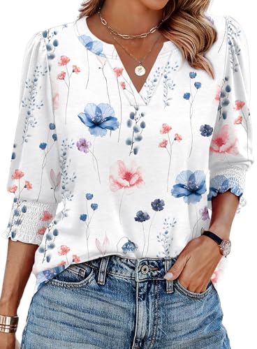 Aokosor Womens 3/4 Sleeve Tops Ladies Blouses V Neck T Shirts Puff Sleeve Tunic Curved Hem Office Wear Size 10-12 White Blue Floral