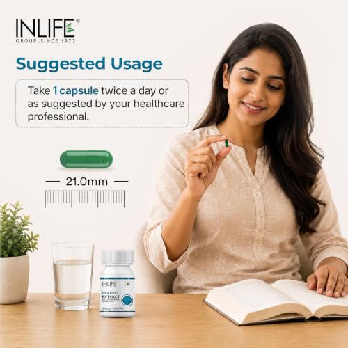 Image of INLIFE Brahmi Capsules 500mg, Bacopa Monnieri Bacosides >20%, Ayurvedic Nootropic Support for Memory & Focus, 60 Veg Capsules (Pack of 2)