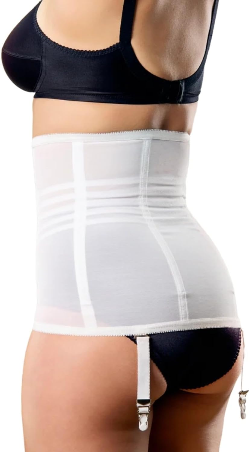 Rago Style 21 Waist Trainer Girdle with Garters | Firm Control Power Net | Made in USA | Contour Bands + Flexible Boning | White/S/26