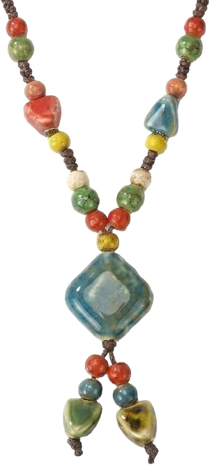 Bohemian Ceramic Beaded Necklace,Colorful Pottery Pendant Necklace