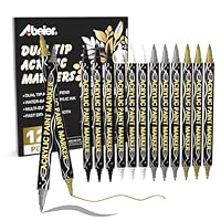 ABEIER Acrylstifte 12 Stück Gold, Silber, Weiß, Schwarz, Doppelspitze Metallic Marker Stifte,Schnelltrocknende Akrylstifte für Holz, Glas, Stoff, Leinwand, Keramik, Metall