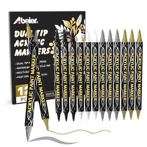 ABEIER Acrylic Paint Pens 12PCS Gold, Silver, White, Black, Dual Tip Metallic Markers,Quick Drying Acrylic Pens For Rock, Wood, Glass, Fabric, Canvas, Ceramic, Metal