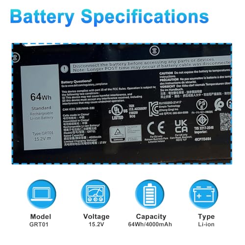 Image of 64Wh GRT01 Laptop Battery Replacement for Dell Latitude 14 5421 5431 15 5521 5531 Precision 3470 3561 3571 3591 Alienware m17 R5 AMD Gaming Series R05P0 05RGW 0P3TJ 00P3TJ VXD57 15.2V 4000mAh 4-cell