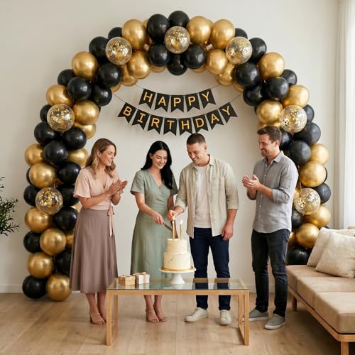 Image of Just Party Happy Birthday Decoration Kit, Gold and Black - Pack of 58 | Super Shinny Balloons for Birthday Decoration | Birthday Balloons for Kids & Adults | Happy Birthday Banner | Confetti Balloons