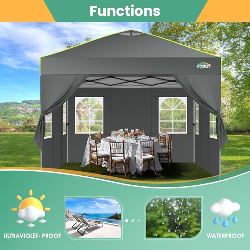 Image of COBIZI 10x10 Pop Up Canopy - One Push Setup Tent, Glow Strips, 4 Sidewalls