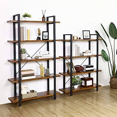 VASAGLE Industrial Bookshelf, 5-Tier Bookcase, Display Rack, Stable Ladder Shelf, Easy Assembly, Living Room, Bedroom, Office, Rustic Brown and Black ULLS55BX
