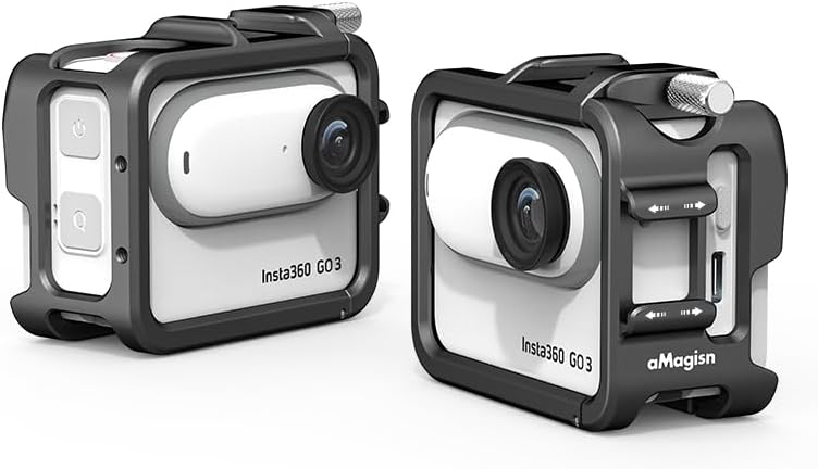 Two views of the Insta360 GO 3 camera securely housed within the aMagisn quick release metal frame cage.