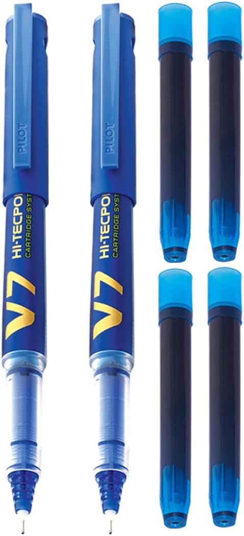 V7 Hi-tecpoint Roller ball pen with Cartridge System - 2 Blue Pens, 4 cartridges