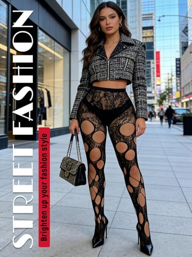 Image of Buitifo Women Sexy Tights Fishnet Patterned Stockings Sheer Socks | Y2K Ragged Pantyhose Hosiery Ripped Leggings One Size