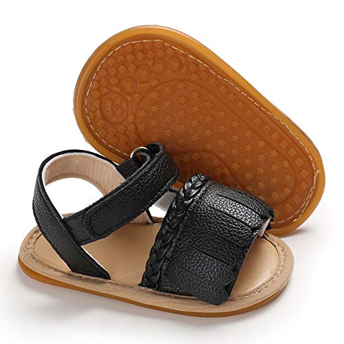SOFMUO Baby Girls Boys Tassel Sandals Premium Soft Anti-Slip Rubber Sole Infant Summer Outdoor Shoes Toddler First Walkers(Black,12-18 Months)