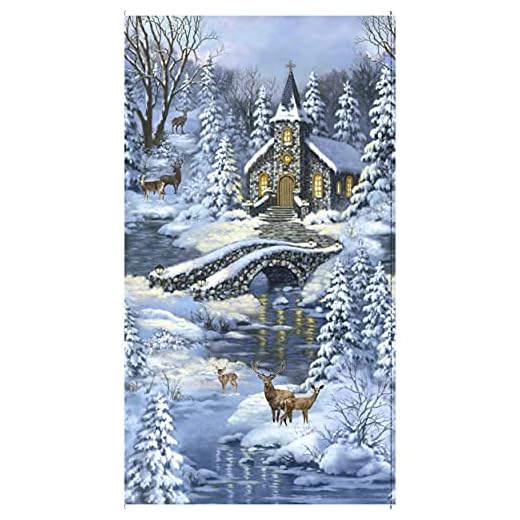 Timeless Treasures Winter's Peace 24" Church In The Forest Panel Blue, Fabric