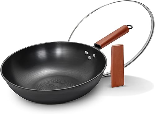 Juego de woks y sartenes para freír de 13 pulgadas con tapa y mango de madera, sartén china sin productos químicos para inducción, gas, halógenas