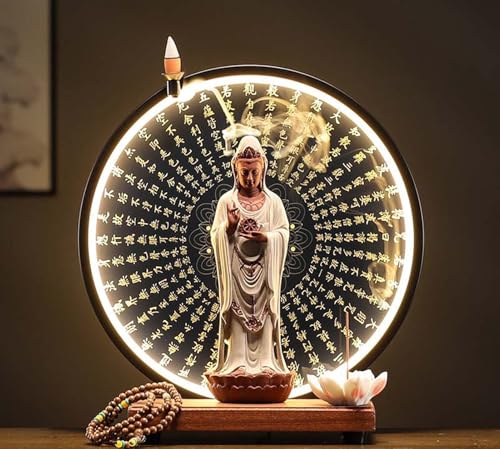 Conjunto De Altar Cerámica con Estatua Guanyin con Luz LED Y Porta Incienso Mesa Altar Personal Buda para Ofrendas En El Templo, Ofrendas Devocionales(Noir)