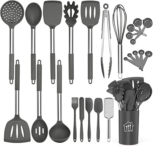 Silicone Cooking Utensil Set,Kitchen Utensils 17 Pcs Cooking Utensils Set,Non-stick Heat Resistant Silicone,Cookware with Stainless Steel Handle - Grey