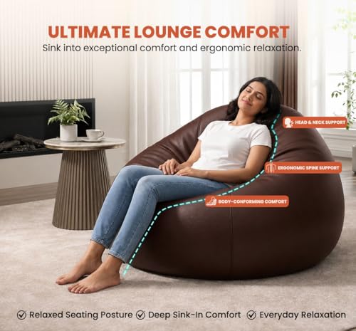 Image of Sattva Classic 3XL Sofa Style Bean Bag Chair with Beans Filled | Faux Leather Bin Bags for Adults | Chair Style Beanbags with Beans Filling | Pre-Filled Beans Bag for Home & Office (Dark Brown)