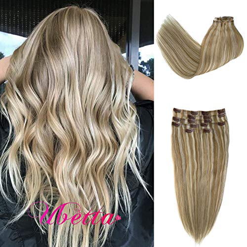 Clip in Hair Extensions Blonde Highlights to Ash Blonde Human Hair Skin Weft Remy Extensions 7 PCS 120 Gram Invisible Straight PU Weft Hair Extensions Clip on for Women 18 Inch