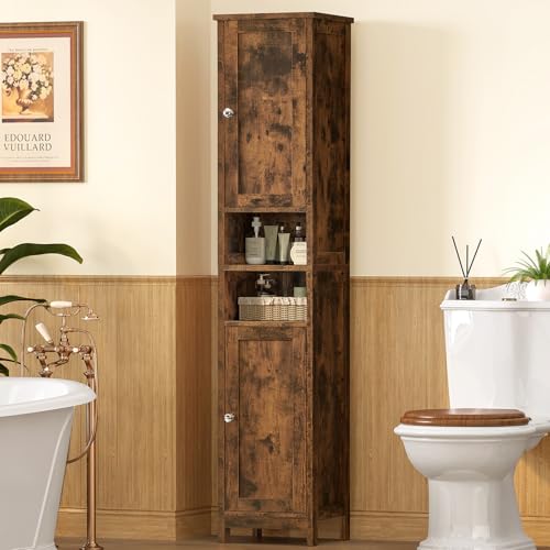 Image of TEENFON 67 inch Tall Bathroom Cabinet with 2 Adjustable Shelves and 2 Doors, Narrow Bathroom Storage Cabinet for Small Space, Living Room, Entryway, Kitchen, Rustic Brown