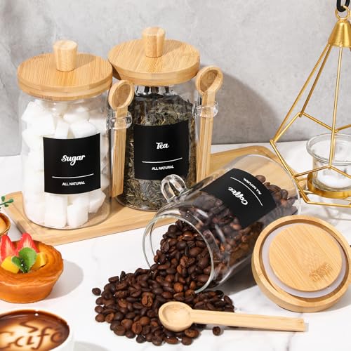 Image of Suclain 3 Pcs Glass Coffee Container Set, 25 oz, Natural Bamboo | Coffee Tea Sugar Canister Set, Airtight Jar Food Storage with Wood Spoon Tray Labels, Kitchen Counter Bar Organization