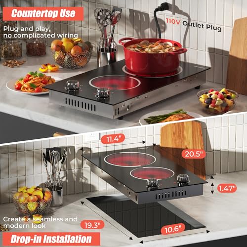 Image of 2 Burner Electric Cooktop - 12 Inch Plug in 110V Electric Cook Top Two Burner, Built-in & Countertop Ceramic Stove Top with Knob Control, 9 Power Levels and Overheat Protection (Silver Knob)