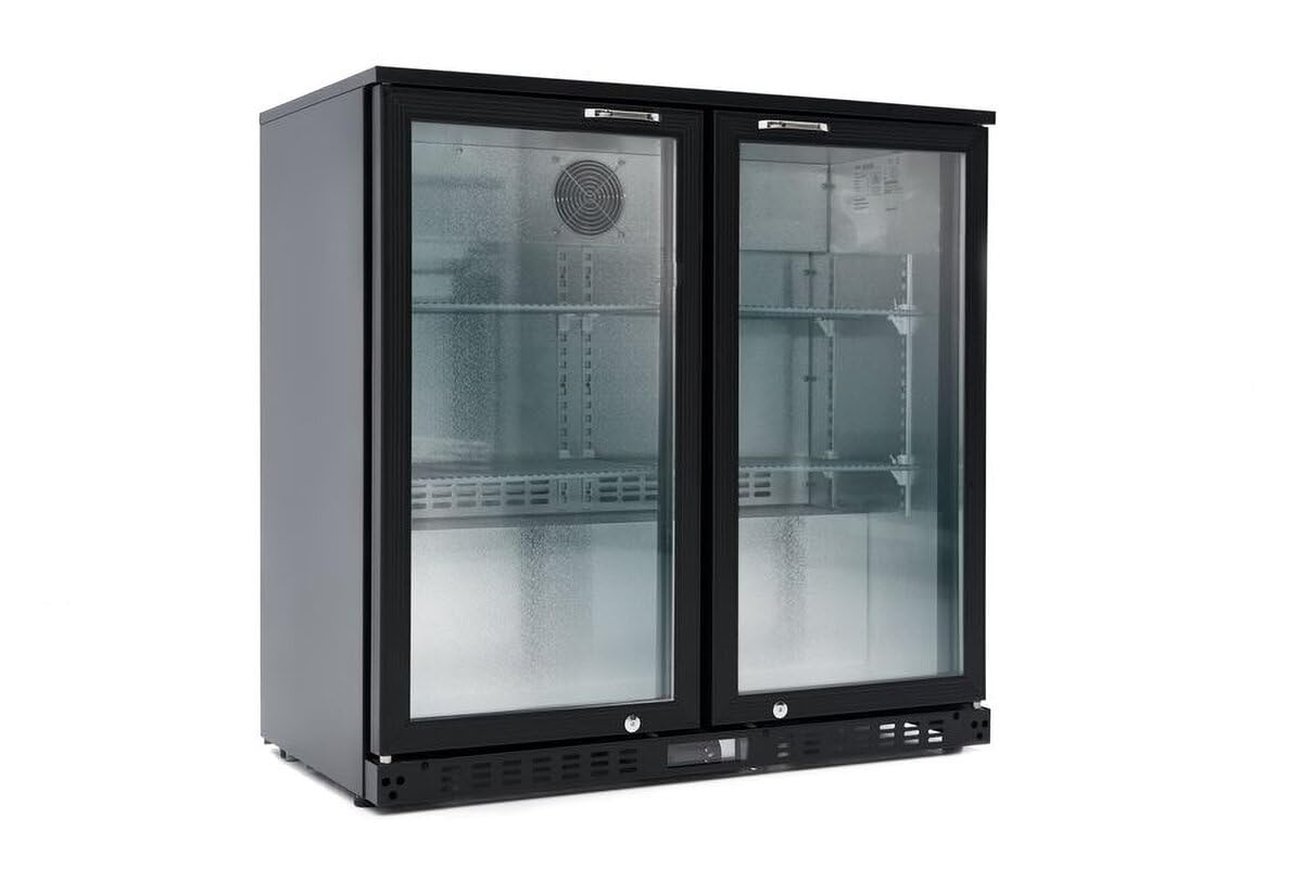 GastroHero Barkühlschrank ECO 230 schwarz 218 Liter Getränkekühlschrank unterbaufähig LED 2 Glastüren Umluftkühlung