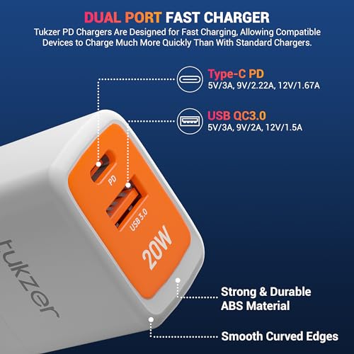 Image of Tukzer 20W Dual Port GaN3 Ultra Fast Charger Wall Adapter (Type C PD3.0 & USB QC3.0 / 5V~3A)| Compatible with All iPhone /iPad /Android Phones (White)