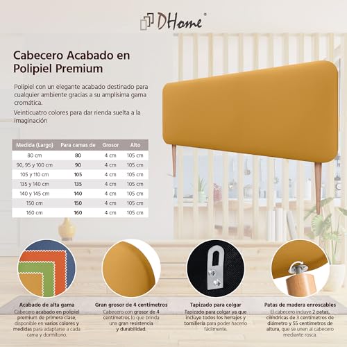 Miniatura 6 de Dhome Cabecero Tapizado Liso Redondeado Polipiel Con Patas Para Pared Acústicos Cabeceros Absorbentes Cabezal Cama Dormitorio Mostaza, 145cm