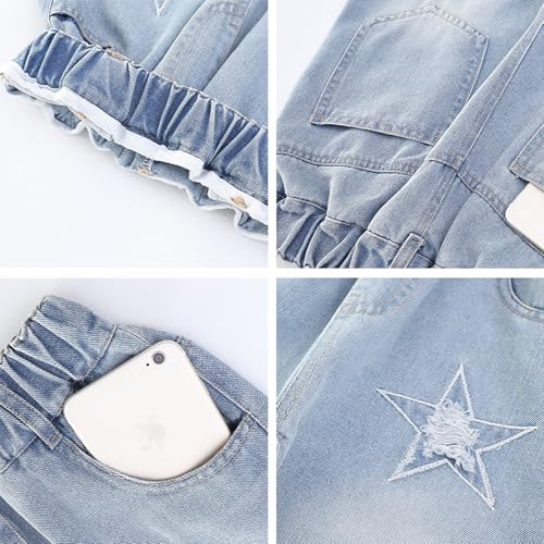 Viatabuna Star Baggy Ripped Jeans for Girls Elastic Waist Wide Leg Distressed Denim Pants Kids Cute Pull On Jeans 5-14 Years3
