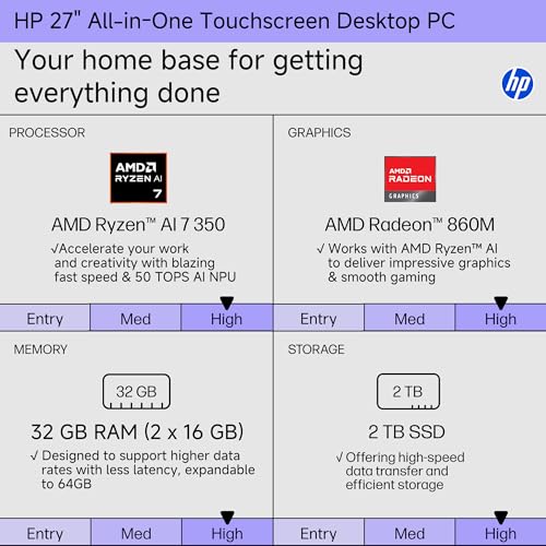 Image of HP All-in-One Desktop Computer 27 Inch Touchscreen, AMD Ryzen AI 7 350 w /50 NPU Tops, 32 GB DDR5, 2 TB SSD, FHD IPS Display, Copilot+ PC, Wi-Fi 6, BT 5.4, FHD Cam, Windows 11 Pro, Wireless KB & Mouse