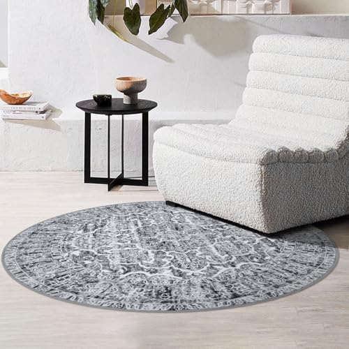KUTA Vintage Round Rug 3ft, Washable Boho Indoor Small Area Circle Rugs, Grey Non-Slip Printed Medallion Carpet for Entryway Kitchen Dining Room Table Living Room
