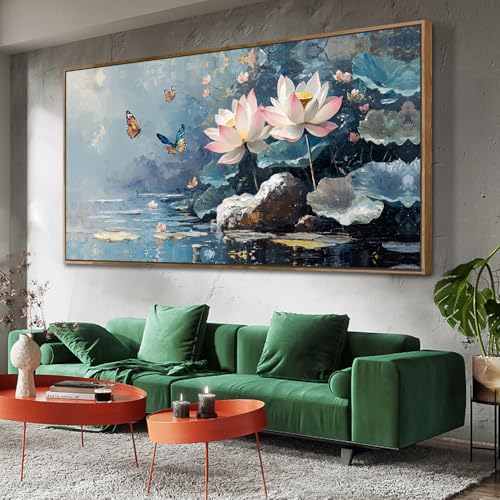Ardemy Large Framed Canvas Wall Art Lotus Floral Painting Wall Decor Living Room Flower Artwork Bedroom Kitchen Bathroom Dining Room Home Office, 58"x29" 58"L x 29"W Blue pond