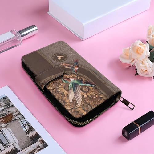 Image of COEQINE Ladies Wallets Pink Leopard Heart Black Printed Leather Phone Long Clutch Purses Check Coin Change Holder