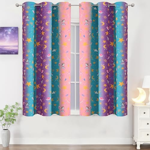 Image of Pink Purple Teal Unicorn Blackout Curtains 54 Inch Length for Kids Bedroom