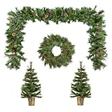 Marco Paul 4 Pack Pre-Lit Christmas Decoration Set - Pine & Red Berry Xmas Garland, Wreath & Two Christmas Trees with Dual White LED Lights - Battery Operated 8-Mode Indoor & Outdoor Xmas Decorations - Image 2
