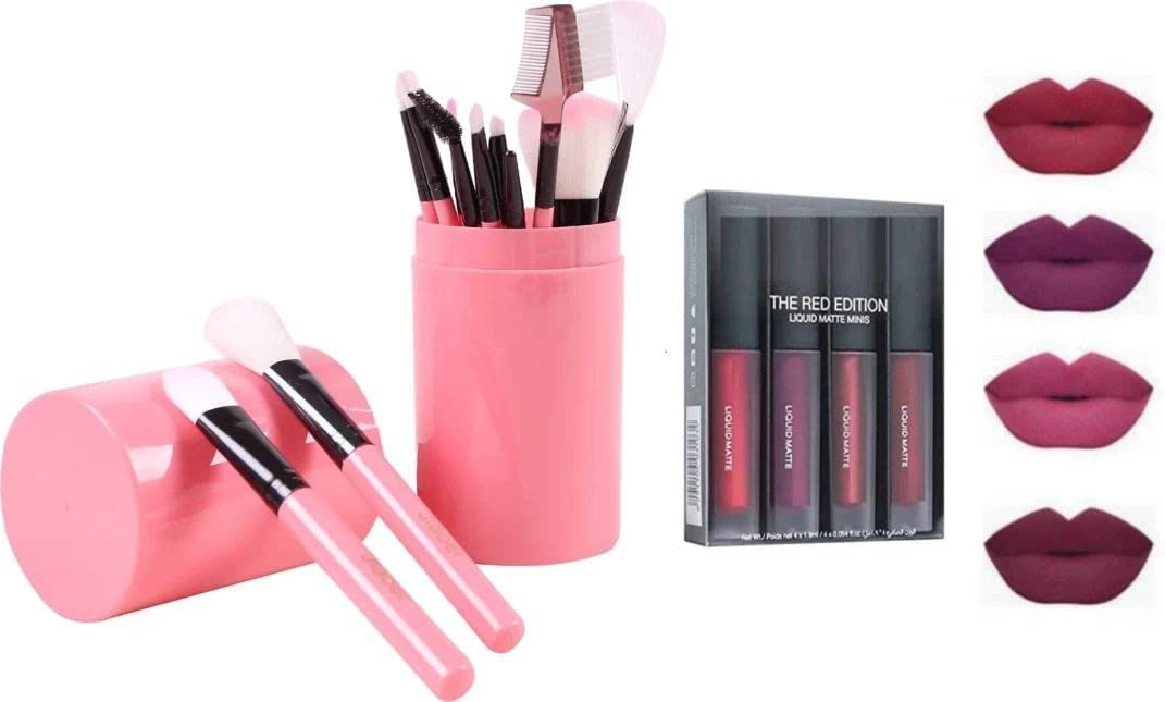 Women's & Girl's 12 Pcs Pink Multipurpose Makeup Brushes Set with Storage Box and 4in1 Red Edition Liquid Matte Minis Lipsticks - (Pack of 16)